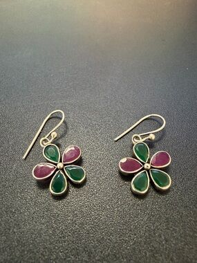 Green and Purple Floral Drop Earrings pure silver - Women's Jewelry
